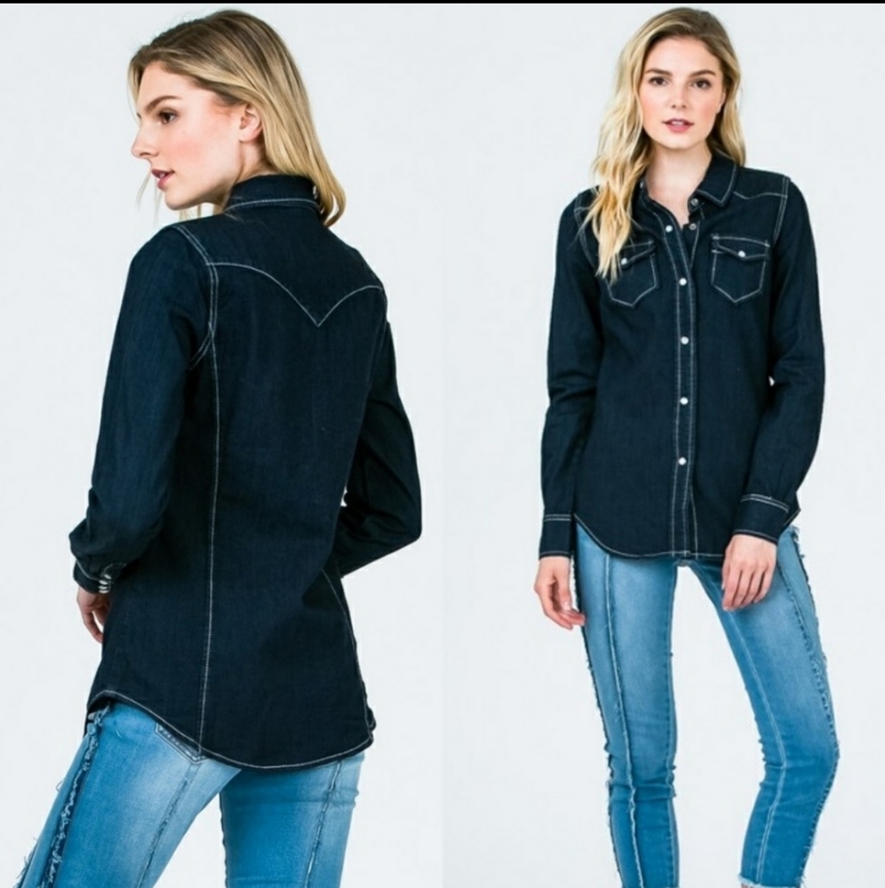 RELISTED Litz dark denim pearl snap western shirt - Picture 7 of 8